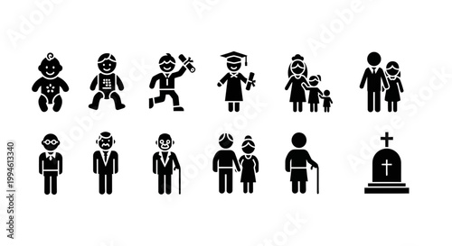 Life Cycle Icons: Birth to Death, Education, Family, and Aging
