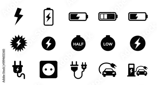 Electric Car Charging Icons: Battery Levels, Plugs, and Stations