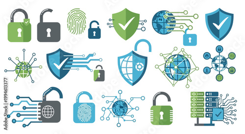 Digital Security Icons: Padlocks, Shields, Fingerprints, Globe Network