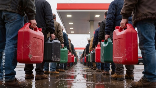 Fuel shortage line at gas station with people carrying jerrycans