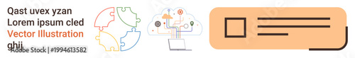 Artificial intelligence, cloud computing, data analysis, digital transformation, networking, modern technology. A brain puzzle icon, cloud graphics and a digital form element. Artificial