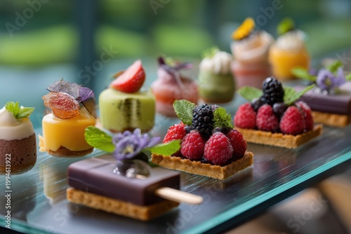 Assortment of Exquisite Mini Desserts Featuring Fresh Berries Chocolate Fruit and Pastry Garnished with Mint and Edible Flowers on a Glass Display with Soft Bokeh Background