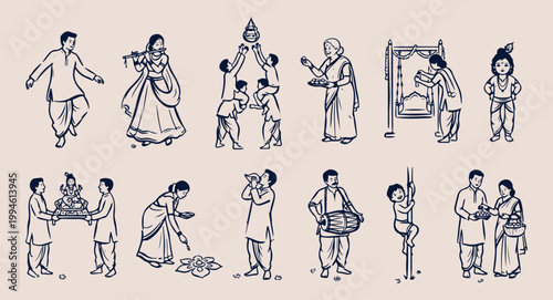 Traditional Indian classical dance performers, ethnic Bharatnatyam and Kathak dancers, hand drawn Indian dance doodle, minimalist cultural performance line art, creative Indian folk dance sketch, trad