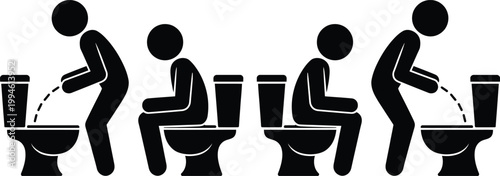 Illustrations of different toilet usage techniques by individuals