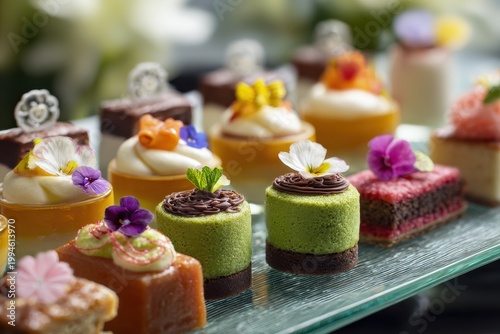 Assortment of exquisite miniature desserts and pastries artfully arranged on a glass platter featuring vibrant colors and delicate floral garnishes creating a luxurious and appetizing display