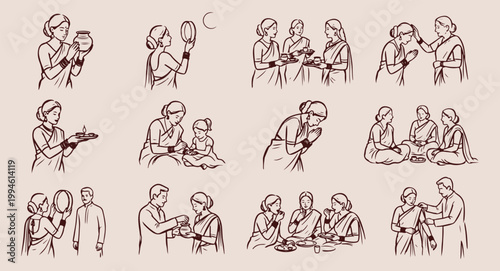 Hindu religious rituals and prayers, traditional Indian family worship scene, hand drawn spiritual puja doodle, minimalist Indian culture line art, ethnic devotion and prayer illustration, creative Hi