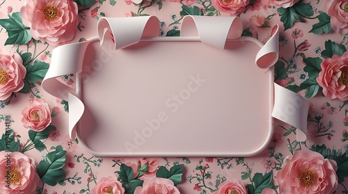 Decorative Pink Frame with Floating Ribbon Banners and Rose Pattern