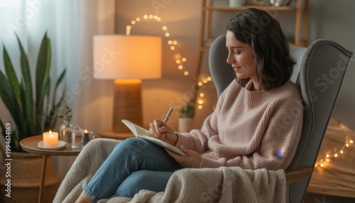There is a woman sitting in a chair writing on a notepad