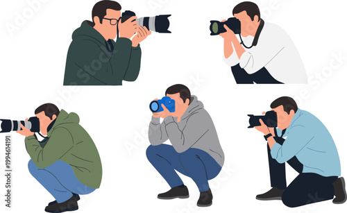 Professional photographers taking pictures with DSLR cameras, creative people shooting photos in different poses, modern flat vector illustration isolated on background