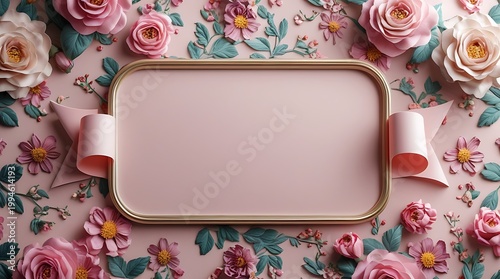 Romantic Floral Background with Gold Frame and Pink Silk Ribbon Accents