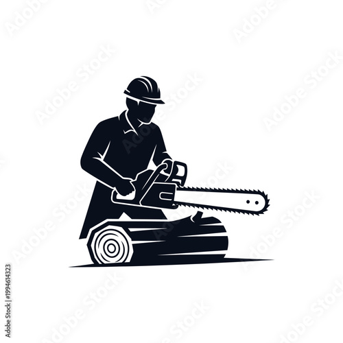 Lumberjack with chainsaw cutting log in silhouette style