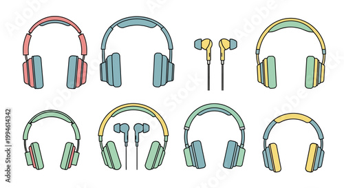 Colorful headphones and earbuds on display.