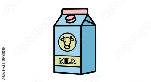 Cartoon milk carton with cow logo.
