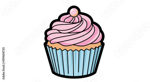 Colorful cartoon pink frosted cupcake.