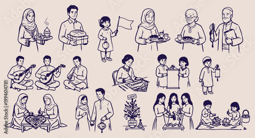 Traditional asian festival gathering, communal celebration line art, people at cultural event, festive food sharing doodle, community bonding sketch, ethnic holiday scene, social gathering illustratio