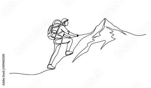 Dynamic continuous line drawing backpack traveler hiking mountain climbing adventure monoline vector illustration