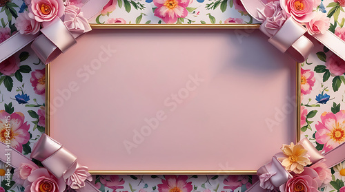 Pink Floral Pattern Background with Golden Rectangular Frame and Satin Ribbons