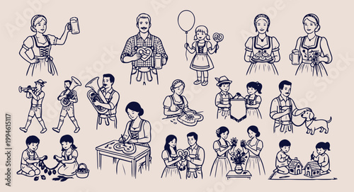 Latin american wedding and family set, traditional mexican marriage illustration, ethnic celebration and romance doodle, family bonding and cultural heritage, happy couple in traditional wear, hand dr