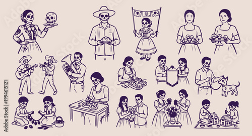 Mariachi band and mexican heritage set, traditional musicians and dancers illustration, mexico cultural festival vector art, ethnic music and celebration doodles, mexican folk dance and costume, hand 