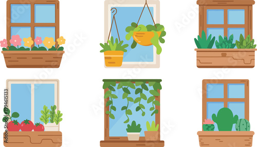 Фотография Flat cartoon illustration of window box planters with flowers succulents vegetab
