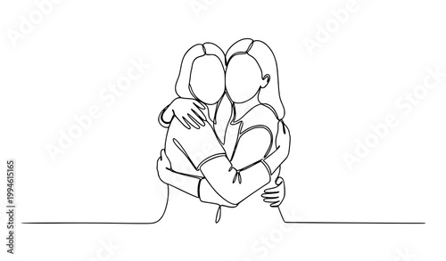 Continuous line drawing of two women hugging minimal friendship and support line art vector illustration