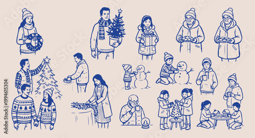 Winter family travel and outdoor activity, parents and children in snow, festive holiday vacation illustration, winter sports and leisure doodles, seasonal family bonding vector art, hand drawn cold w