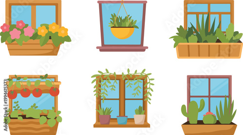Принти на полотні Flat cartoon illustration of window box planters with flowers succulents vegetab