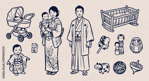 Japanese couple wearing traditional kimono, oriental culture and fashion illustration, yukata style ethnic clothing doodles, japan heritage and family life set, minimalist zen lifestyle vector art, ha