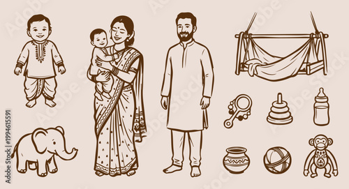 Indian couple in traditional attire, ethnic family life and culture illustration, man in kurta and woman in saree, traditional lifestyle and home elements, indian cultural heritage vector art, hand dr
