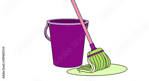 Illustration of a purple bucket and a mop cleaning a floor