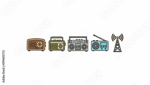 Retro radio receivers and antenna transmitter icons collection