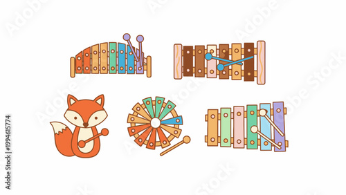 Cartoon Xylophone Musical Instrument Set with Fox Character
