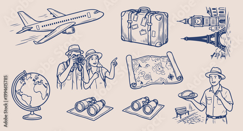 World travel and vacation planning, international tourism and adventure illustration, luggage and passport vector doodle, airplane and world map collection, global exploration and trip icons, hand dra