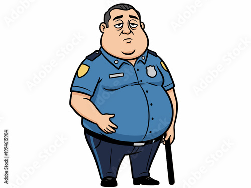 Overweight policeman character wearing blue uniform with baton
