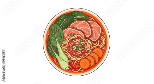 Delicious Ramen Bowl Illustration - Noodles, Meat, Vegetables, Asian Cuisine