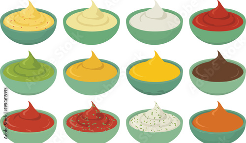 Flat cartoon illustration of assorted dipping sauces in mint green bowls arranged in rows isolated on white background