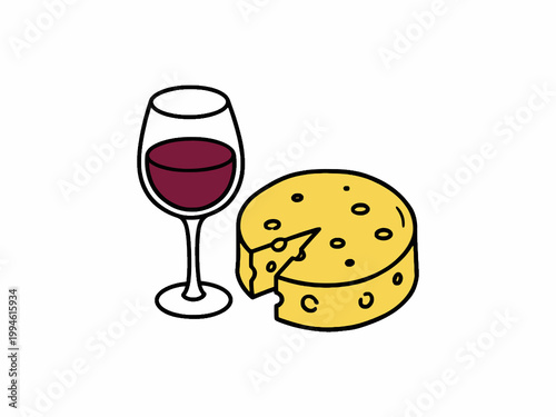 Red wine glass and cheese wheel icon isolated