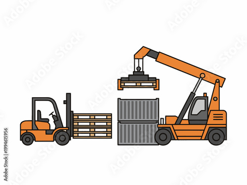 Forklift and reach stacker handling cargo pallets and containers