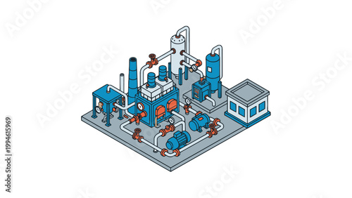Isometric Industrial Plant Illustration with Pipes and Tanks