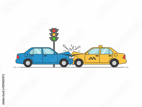 Car accident between blue sedan and yellow taxi at traffic signal