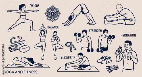Yoga fitness and body balance, meditation poses and stretching illustration, gym workout and strength doodle, healthy active lifestyle vector art, wellness and flexibility exercise set, hand drawn yog