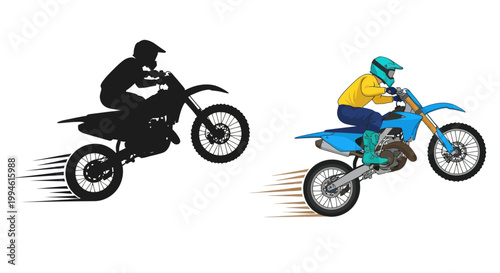 Motocross Rider Silhouette and Full Color Illustration