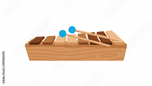 Wooden Xylophone Musical Instrument with Mallets on White Background