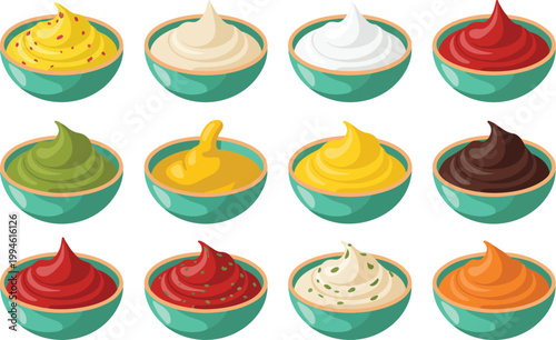 Flat cartoon illustration of assorted dipping sauces in mint green bowls arranged in rows isolated on white background