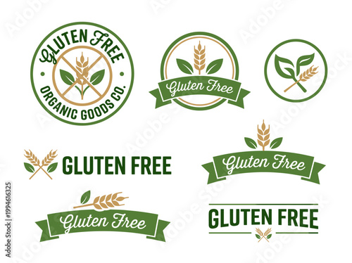 Gluten free logo set, six professional branding variations: badges, ribbons, and minimal vector icons.