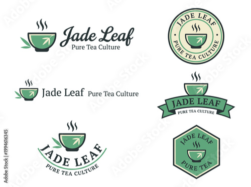 Tea logo design sheet: 6 flat vector variations, Japanese teacup and bamboo leaf, jade green