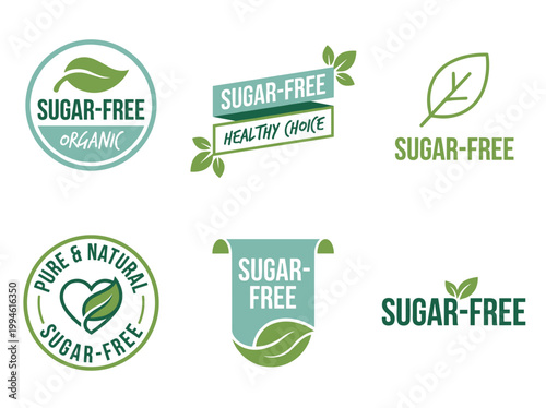 Sugar-free brand identity design sheet: 6 logo variations with organic leaf motifs and health symbols