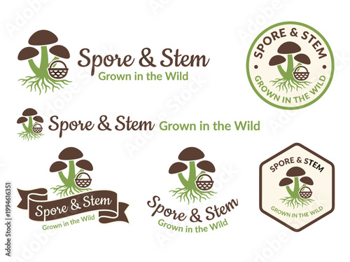 Mushroom foraging logo variations: flat vector set with mycelium icon, botanical brand identity design.