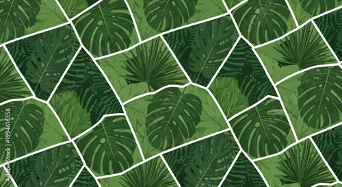 Green Tropical Leaf Mosaic Pattern, Monstera and Palm Leaves, Geometric Design