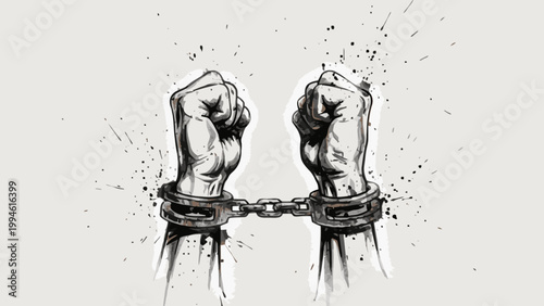 Clenched fists in handcuffs illustration with ink splatters
